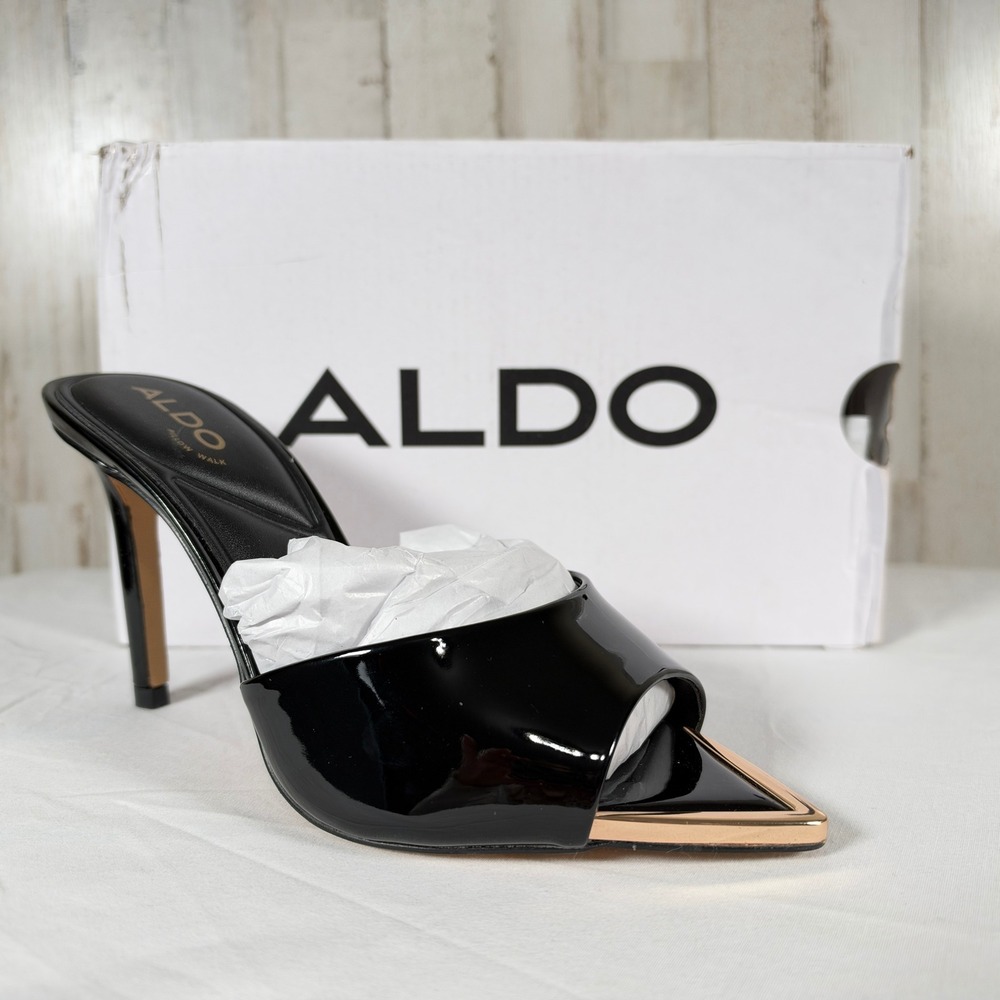 Aldo Heeled Mules 5 Anniebrilden Stiletto Gold Pointed Toe Boss Patent Leather